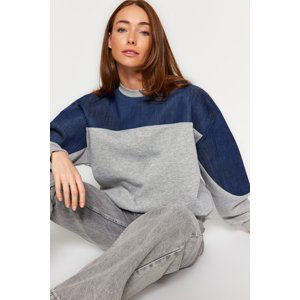 Trendyol Gray Thick Fleece Inside Denim Detailed Balloon Sleeves Oversize/Collar Knitted Sweatshirt