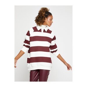 Koton Polo Neck Sweatshirt Oversize Striped Long Sleeve With Fleece Inside