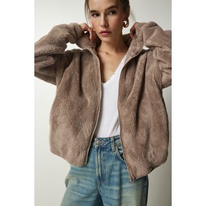 Happiness İstanbul Women's Dark Beige Zippered Plush Cardigan