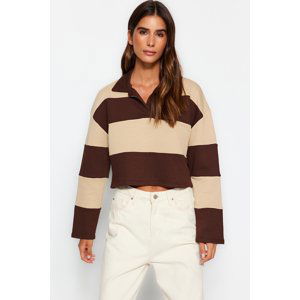 Trendyol Brown Color Block Polo Neck Relaxed Cut Crop Thick Knitted Sweatshirt