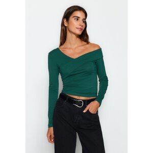 Trendyol Emerald Green Cotton Flounce Fitted Crop Blouse