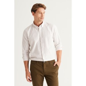ALTINYILDIZ CLASSICS Men's Beige-White Slim Fit Slim Fit Button-down Collar Cotton Striped Shirt