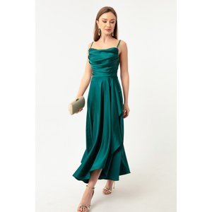 Lafaba Dámske smaragdovo zelené saténové midi šaty večerné šaty a plesové šaty s volánikmi a rozparkom.