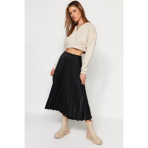 Trendyol Black Pleated Satin Midi Woven Skirt