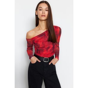 Trendyol Red Tulle Lined Asymmetric Collar Knitted Blouse
