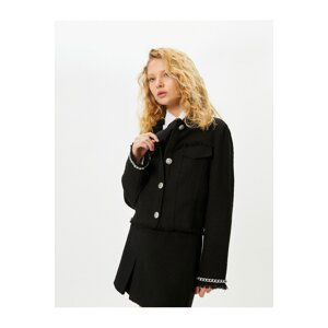 Koton Tweed Jacket Tasseled Flap Pocket Detailed Cuffs Chain Shirt Collar