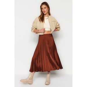 Trendyol Brown Pleated Satin Midi Woven Skirt