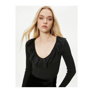 Koton Knitwear Sweater V Neck Lace Ribbed - Handmade Collection