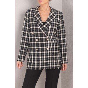 armonika Women's Black-White Double Breasted Collar 6 Buttons Padded Oversize Tweed Jacket