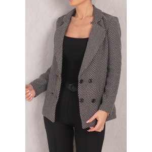 armonika Women's Gray Striped Patterned Four Button Cachet Jacket