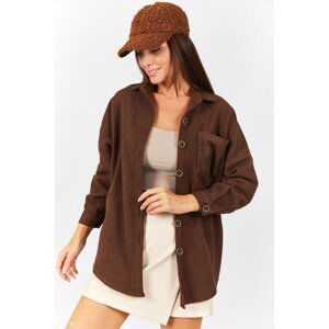 armonika Women's Brown Oversize Stitched Pocket Shirt