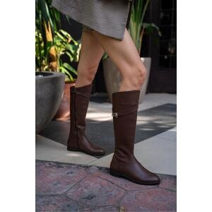 Madamra Brown Women's Belted Long Leather Boots