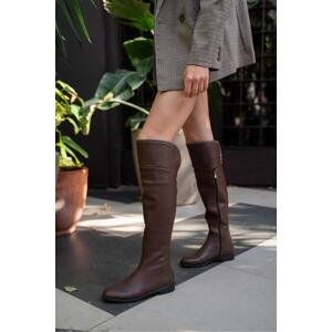 Madamra Brown Women's Stone Detailed Long Leather Women's Boots