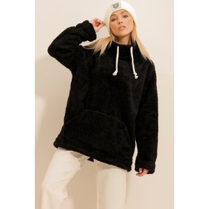 Trend Alaçatı Stili Women's Black Stand-Up Collar Kangaroo Pocket Plush Sweatshirt
