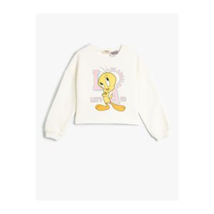 Koton Crop Sweatshirt Tweety Printed Licensed Raised Glitter Print Detailed