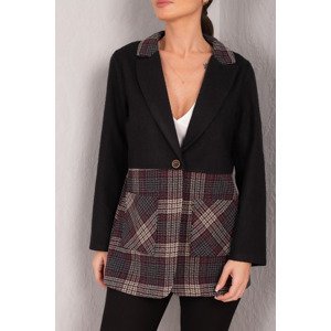 armonika Women's Black Plaid Pattern Pocket Single Button Stash Jacket