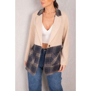 armonika Women's Beige Plaid Pattern Pocket Single Button Stash Jacket