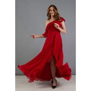 Carmen Red Chiffon Shoulder Flounce Slit Evening Dress