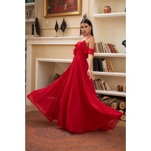 Carmen Red Chiffon Chest Flounce Long Evening Dress