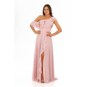 Carmen Powder Chiffon Shoulder Flounce Slit Evening Dress