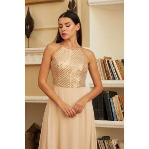 Carmen Gold Sequined Chiffon Long Evening Dress