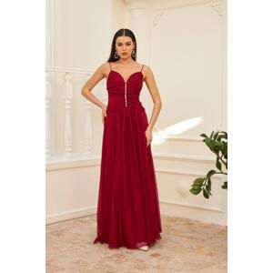 Carmen Burgundy Chiffon Strap Long Evening Dress and Invitation Dress with Stones on the Collar