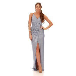 Carmen Indigo Lacquered Chiffon Double Breasted Slit Evening Dress