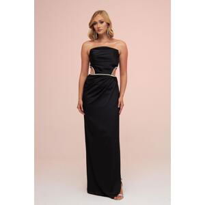 Carmen Black Satin Strapless Long Evening Dress with Side Slit