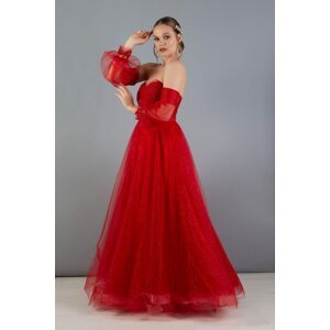 Carmen Red Tulle Low Sleeve Engagement Evening Dress