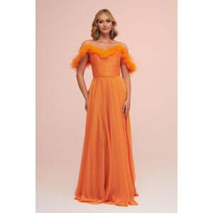 Carmen Orange Chiffon Feathered Slit Long Evening Dress