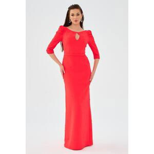 Carmen Coral Crepe Pearl Embroidered Long Evening Dress
