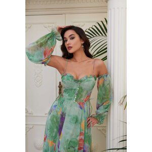 Carmen Green Printed Strap Balloon Sleeve Long Evening Dress