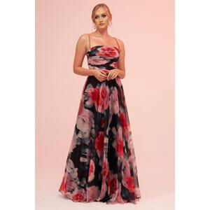 Carmen Black Strap Slit Printed Evening Dress