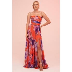 Carmen Orange Strap Slit Printed Evening Dress