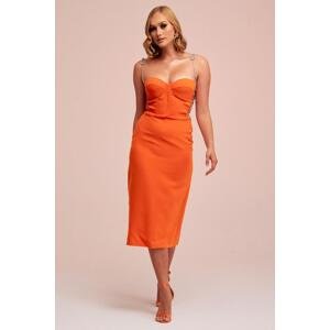 Carmen Orange Stone Tied Midi Crepe Evening Dress