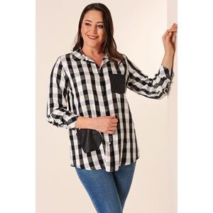 By Saygı Metal Button Leather Detailed Double Pocket Sleeve Folded Glitter String Checked Plus Size Shirt