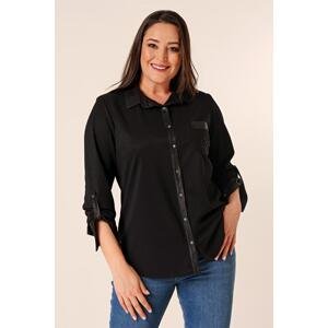By Saygı Button-Front Three-quarter Sleeve Double Pocket Leather Detailed Wide Length Lycra Plus Size Shirt