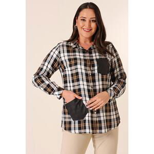 By Saygı Metal Buttoned Leather Detailed Double Pocket Sleeve Folded Plaid Plus Size Shirt