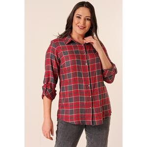 By Saygı Metal Buttoned Sleeve Folded Checkered Plus Size Shirt