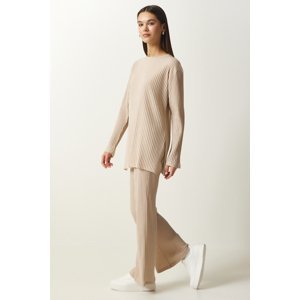 Happiness İstanbul Women's Beige Corded Knitted Blouse and Trousers Set