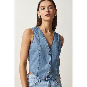 Happiness İstanbul Women's Light Blue Metal Button Detailed Slim Denim Vest