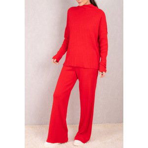 armonika Women's Red Thick Ribbed Stand-Up Collar Sleeve Buttoned Knitwear Suit