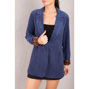 armonika Women's Dark Blue Sleeve Patterned Single Button Velvet Jacket