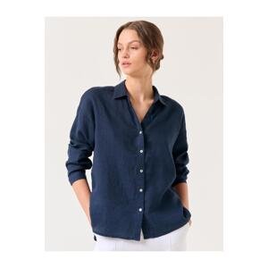 Jimmy Key Navy Blue Long Sleeve Woven Linen Shirt