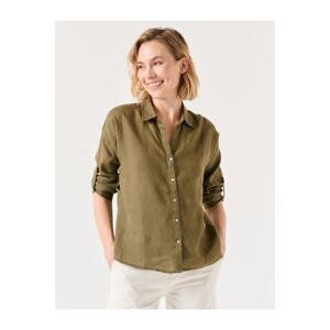 Jimmy Key Khaki Straight-cut Shirt Collar Long Sleeved Basic Linen Shirt.