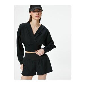 Koton Modal Fabric Crop Hooded Sweatshirt Double Breasted V Neck