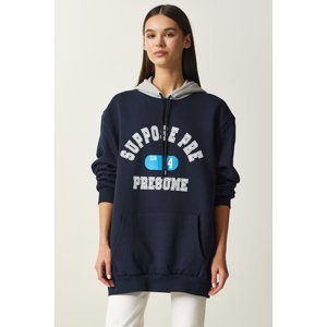 Happiness İstanbul Women's Navy Blue Hooded Rose Gold Printed Sweatshirt