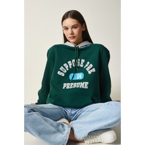 Happiness İstanbul Women's Emerald Green Hooded Chardon Printed Sweatshirt