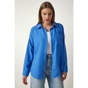 Happiness İstanbul Women's Blue Oversize Linen Ayrobin Shirt