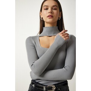 Happiness İstanbul Women's Stone Cut Out Detailed High Neck Ribbed Knitwear Sweater